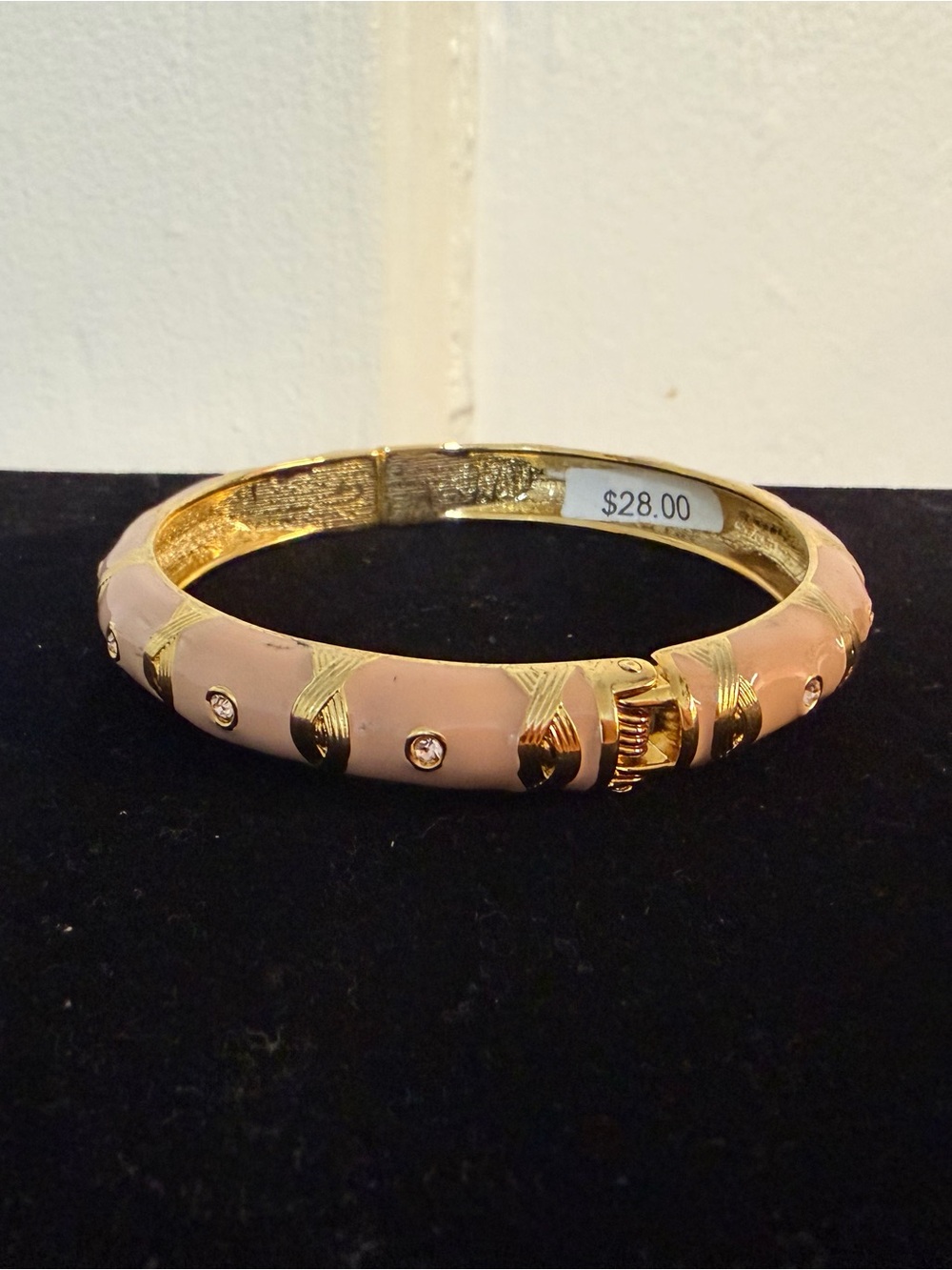 Gold-Tone Pink Enamel Clamper Bracelet with Crystal Accents